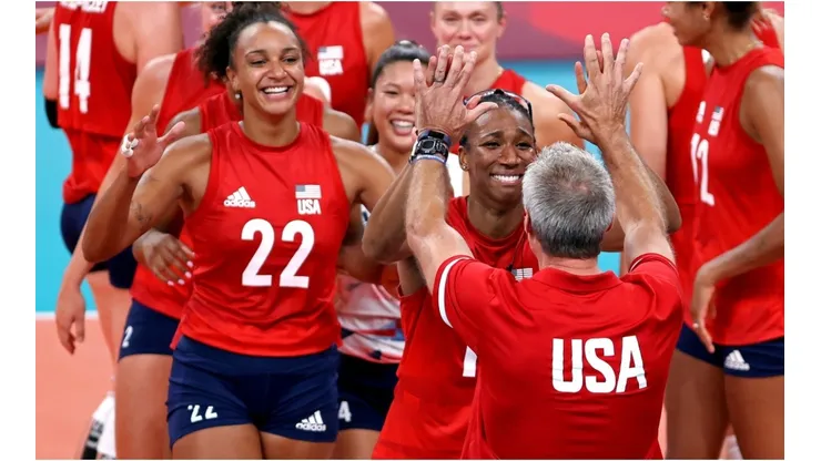 Head Coach Karch Kiraly of United States celebrates with his team