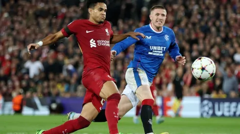 Luis Diaz of Liverpool shoots under pressure from John Lundstram of Rangers