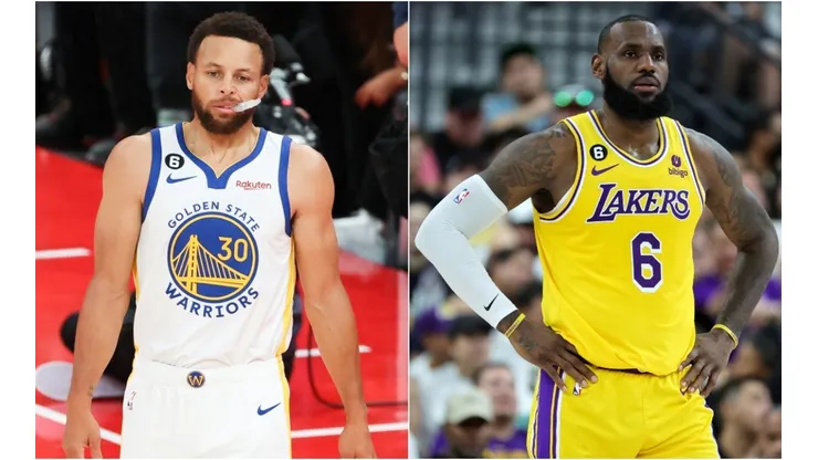 Stephen Curry of the Golden State Warriors (L) and LeBron James of the Los Angeles Lakers (R)