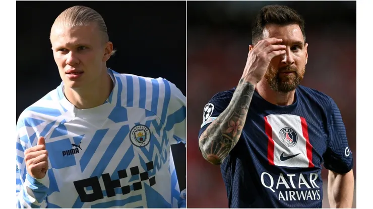 Erling Haaland of Manchester City and Lionel Messi of PSG