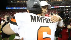 Baker Mayfield hugs Jimmy Garoppolo after a 2019 NFL game between the Cleveland Browns and the San Francisco 49ers.