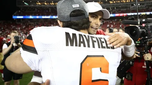Baker Mayfield hugs Jimmy Garoppolo after a 2019 NFL game between the Cleveland Browns and the San Francisco 49ers.