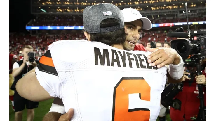 Baker Mayfield hugs Jimmy Garoppolo after a 2019 NFL game between the Cleveland Browns and the San Francisco 49ers.