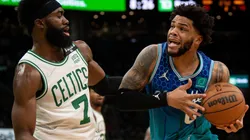 Jaylen Brown of the Boston Celtics and Miles Bridges of the Charlotte Hornets