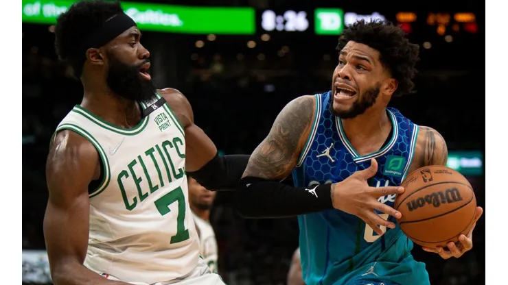Jaylen Brown of the Boston Celtics and Miles Bridges of the Charlotte Hornets