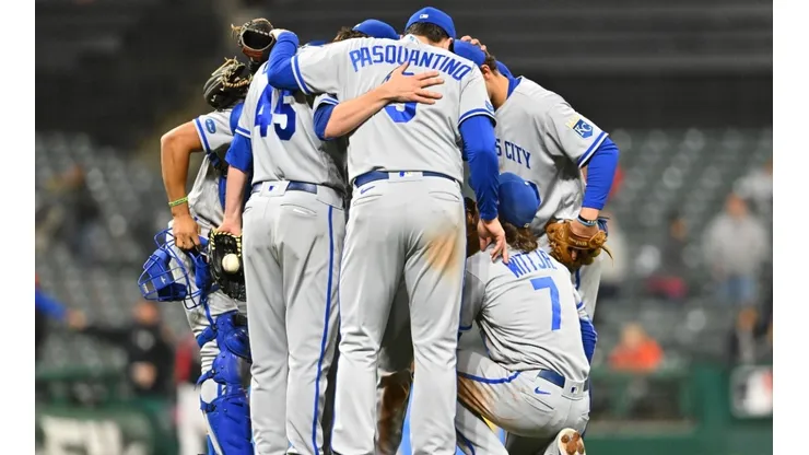 Kansas City Royals infielders celebrate after the Royals defeated the Cleveland Guardians at Progressive Field on October 03, 2022 in Cleveland, Ohio. The Royals defeated the Guardians 5-2.