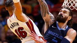 Caleb Martin of the Miami Heat and Steven Adams of the Memphis Grizzlies