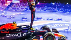 Sergio Perez celebrates finishing in first position during the F1 Grand Prix of Singapore