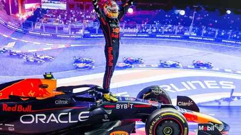 Sergio Perez celebrates finishing in first position during the F1 Grand Prix of Singapore