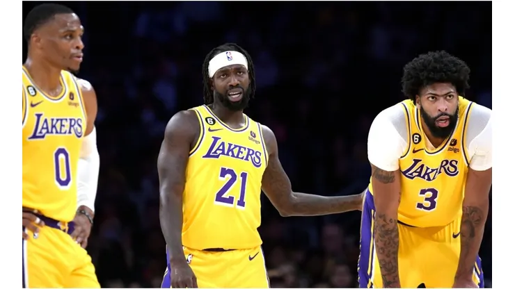Patrick Beverley, Anthony Davis and Russell Westbrook of Los Angeles Lakers