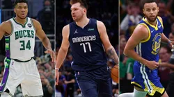 Giannis Antetokounmpo of the Milwaukee Bucks, Luka Donic of the Dallas Mavericks, and Stephen Curry of the Golden State Warriors