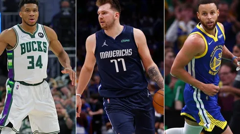 Giannis Antetokounmpo of the Milwaukee Bucks, Luka Donic of the Dallas Mavericks, and Stephen Curry of the Golden State Warriors