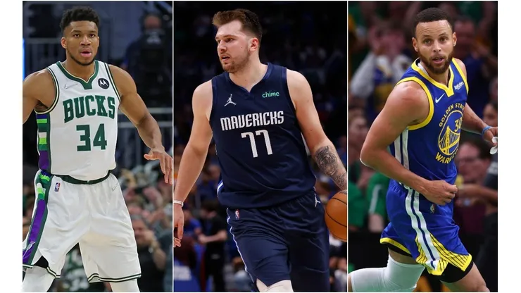 Giannis Antetokounmpo of the Milwaukee Bucks, Luka Donic of the Dallas Mavericks, and Stephen Curry of the Golden State Warriors