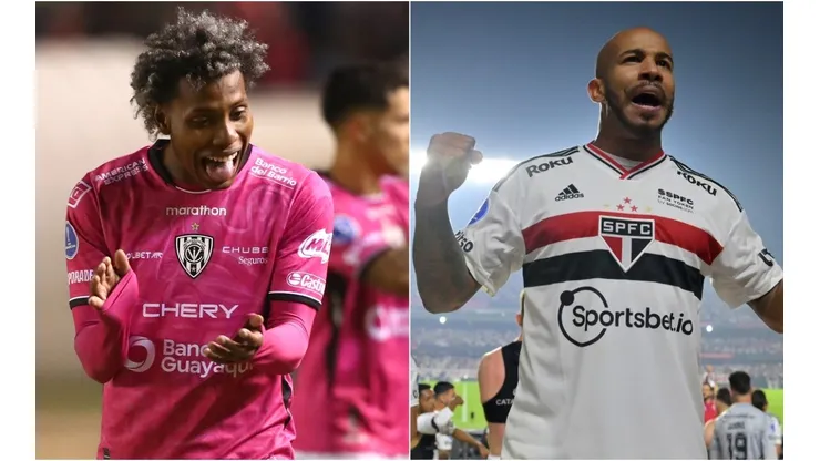 Julio Ortíz of Independiente del Valle (L) and Patrick of Sao Paulo (R)
