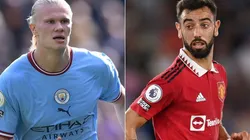 Erling Haaland of Manchester City and Bruno Fernandes of Manchester United