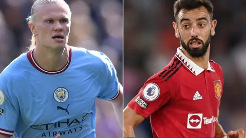 Erling Haaland of Manchester City and Bruno Fernandes of Manchester United
