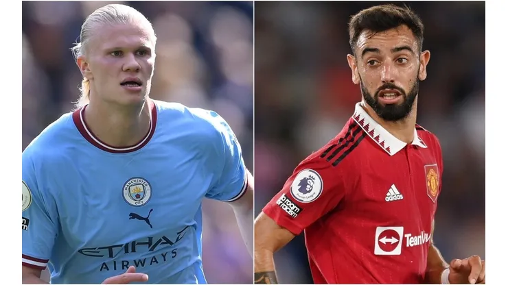 Erling Haaland of Manchester City and Bruno Fernandes of Manchester United
