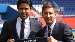 Nasser Al Khelaifi and Lionel Messi of PSG