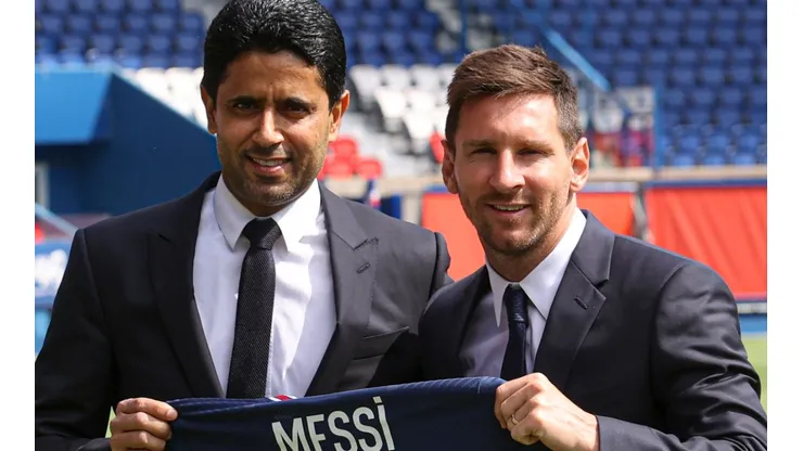 Nasser Al Khelaifi and Lionel Messi of PSG
