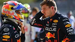 Max Verstappen and Sergio Perez of Red Bull