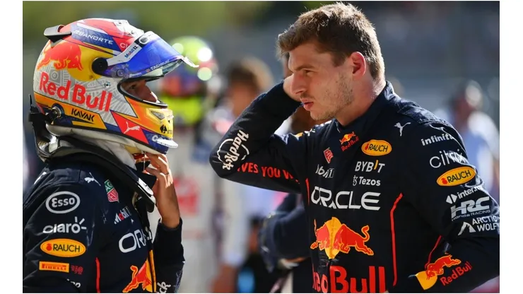 Max Verstappen and Sergio Perez of Red Bull