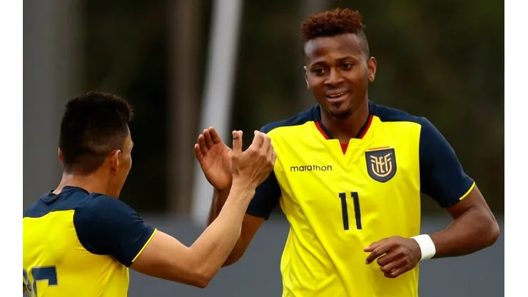 Michael Estrada of Ecuador celebrates with teammate Angel Mena