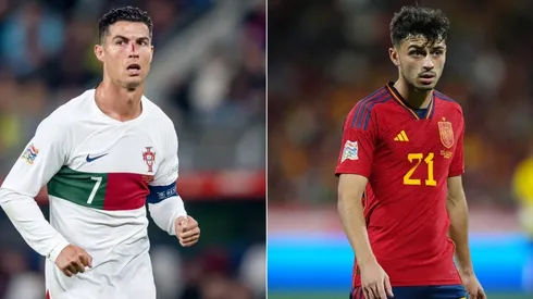 Cristiano Ronaldo of Portugal (L) and Pedri of Spain (R)