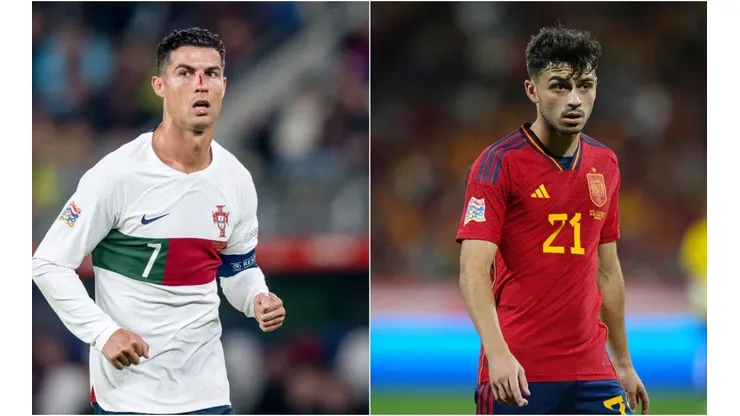 Cristiano Ronaldo of Portugal (L) and Pedri of Spain (R)