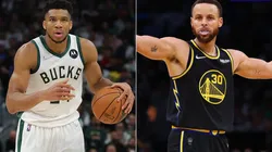 Giannis Antetokounmpo of the Milwaukee Bucks and Stephen Curry of the Golden State Warriors