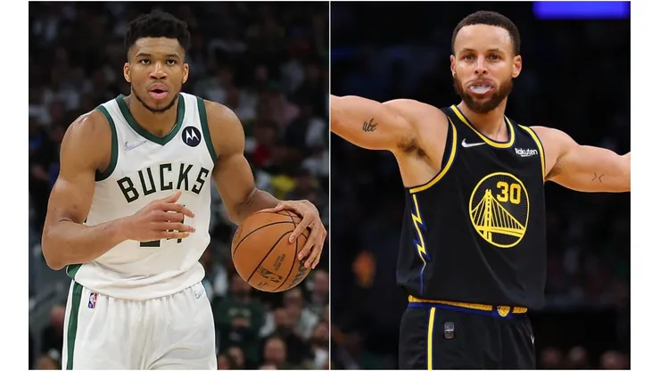 Giannis Antetokounmpo of the Milwaukee Bucks and Stephen Curry of the Golden State Warriors