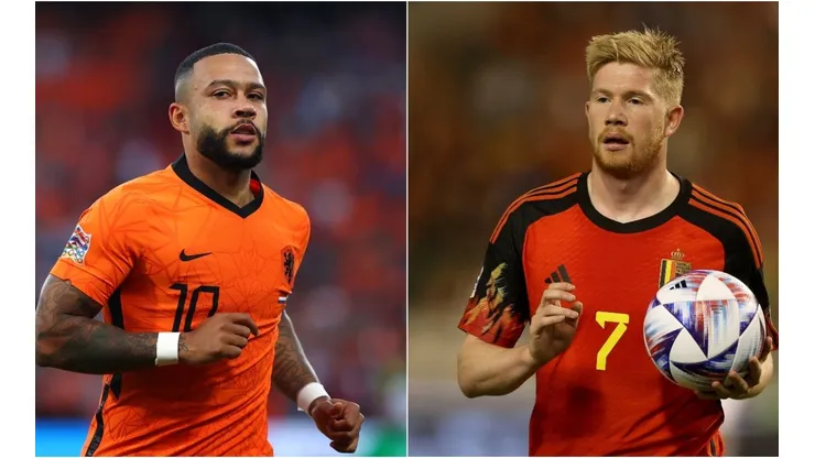 Memphis Depay of Netherlands (L) and Kevin De Bruyne of Belgium (R)