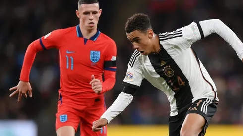 Jamal Musiala of Germany and Phil Foden of England