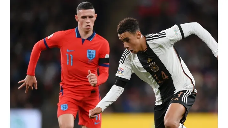 Jamal Musiala of Germany and Phil Foden of England