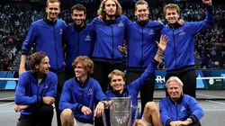 Team Europe poses with the Laver Cup trophy