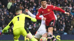 Illan Meslier of Leeds and Cristiano Ronaldo of Manchester United