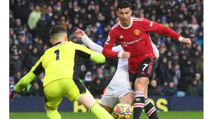 Illan Meslier of Leeds and Cristiano Ronaldo of Manchester United