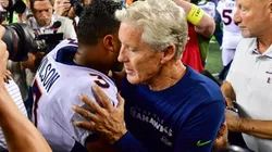 Broncos quarterback Russell Wilson (left) and Seahawks head coach Pete Carroll.