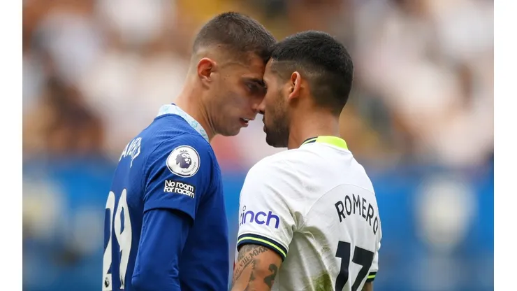 Kai Havertz clashes with Cristian Romero during Chelsea vs Tottenham game.