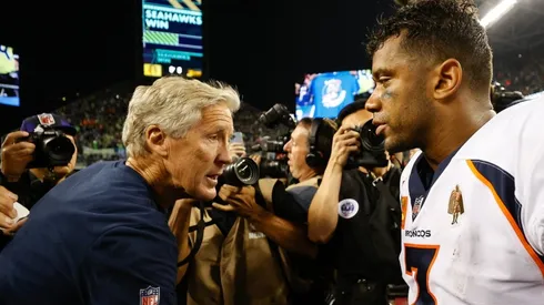 Seahawks head coach Pete Carroll (left) and Russell Wilson of the Broncos.