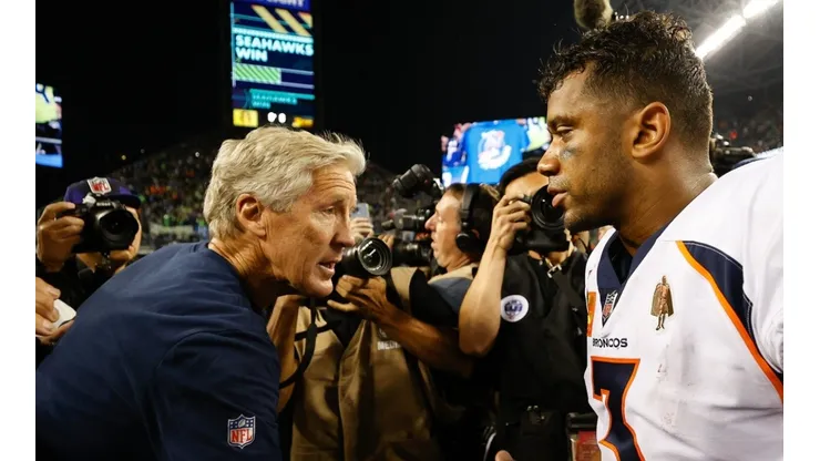 Seahawks head coach Pete Carroll (left) and Russell Wilson of the Broncos.