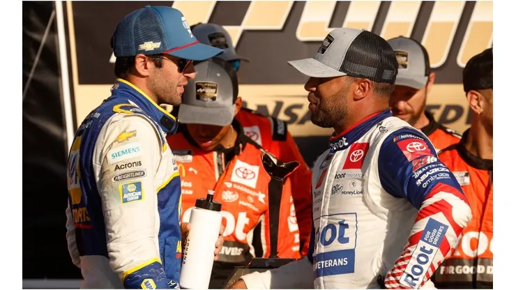 Chase Elliott congratulates Bubba Wallace after winning the Hollywood Casino 400