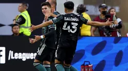 Jonathan Perez of Los Angeles Galaxy celebrates his goal with Adam Saldana