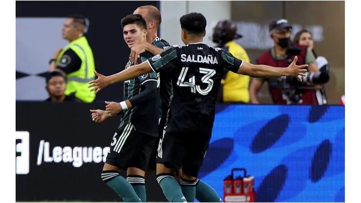 Jonathan Perez of Los Angeles Galaxy celebrates his goal with Adam Saldana