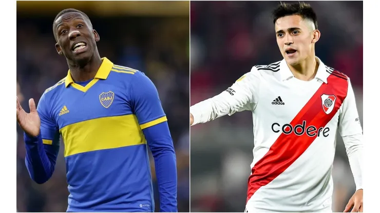 Luis Advincula of Boca Juniors (L) and Pablo Solari of River Plate (R)