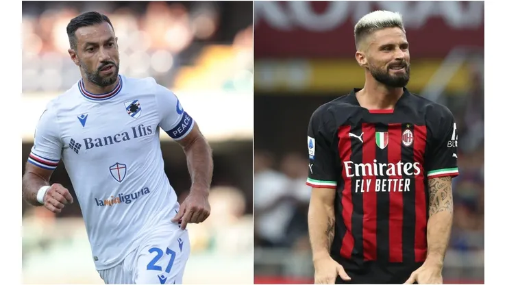 Fabio Quagliarella of Sampdoria (left) and Olivier Giroud of AC Milan.