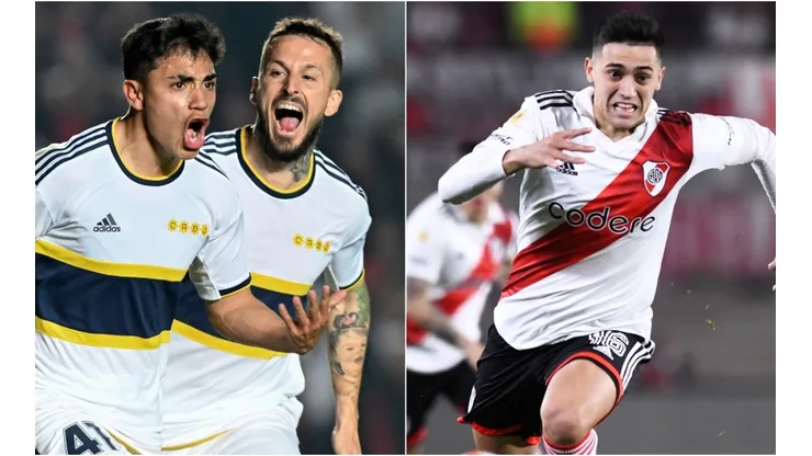 Luca Langoni and Dario Benedetto of Boca Juniors and Pablo Solari of River Plate