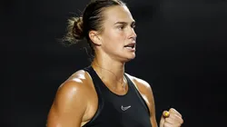 Aryna Sabalenka of Belarus reacts after a point against Iga Swiatek of Poland.