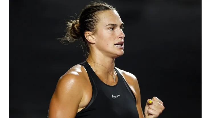Aryna Sabalenka of Belarus reacts after a point against Iga Swiatek of Poland.