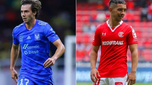 Sebastian Cordova of Tigres UANL and Leonardo Fernandez of Toluca