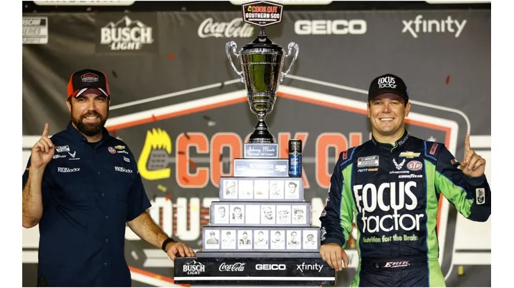 Erik Jones celebrates after winning the Cook Out Southern 500